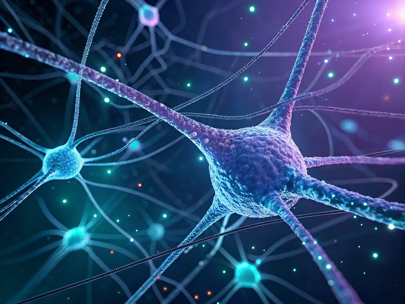 A digital illustration depicting a neural network with glowing nodes and connections, symbolizing machine learning. The background features abstract data streams and binary code, representing the flow of information and algorithms.