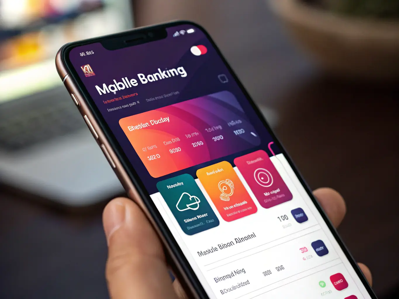 A sleek, modern interface of a mobile banking app on a smartphone, highlighting user-friendly design and real-time transaction updates.
