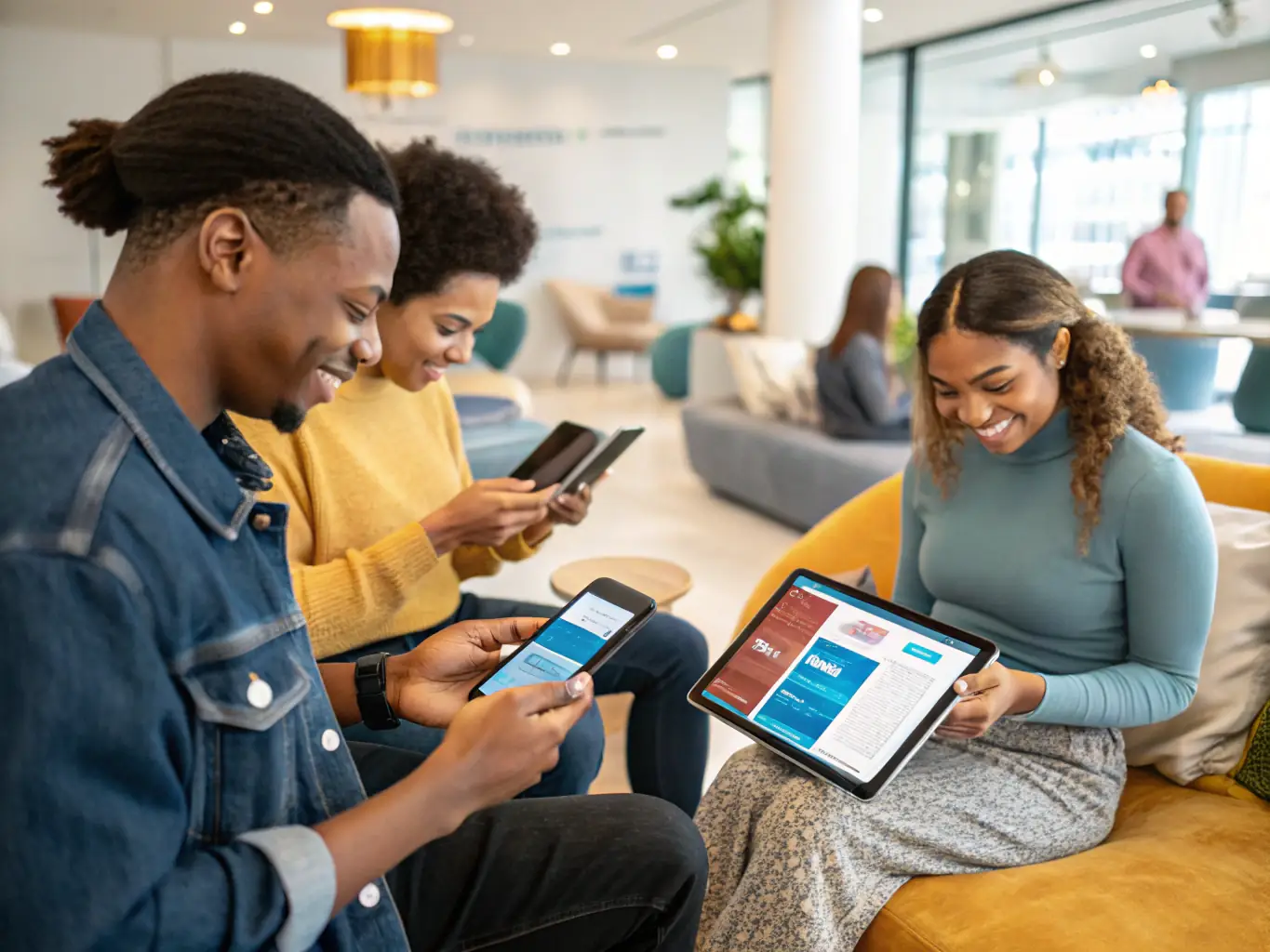 A diverse group of customers using various digital payment methods on their devices, illustrating seamless and secure transaction experiences.