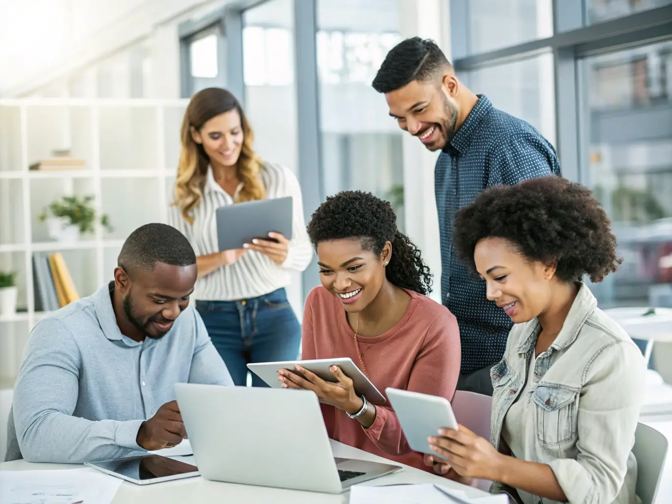 A diverse group of users interacting with a web application on various devices, highlighting the improved user experience and accessibility of the platform.