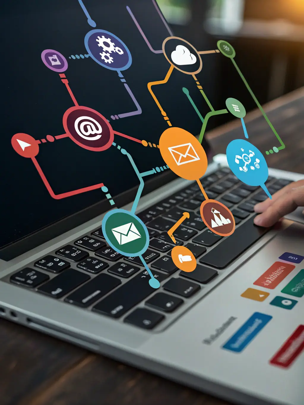 An illustration depicting seamless data flow between various marketing tools and platforms, such as CRM, email marketing software, social media management tools, and advertising platforms.