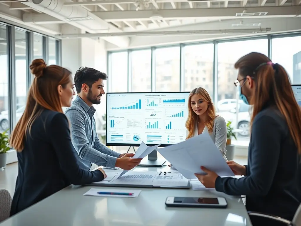 A professional workspace showcasing a team collaborating on a fintech project, with visible charts and data analytics on multiple screens, emphasizing a data-driven approach.
