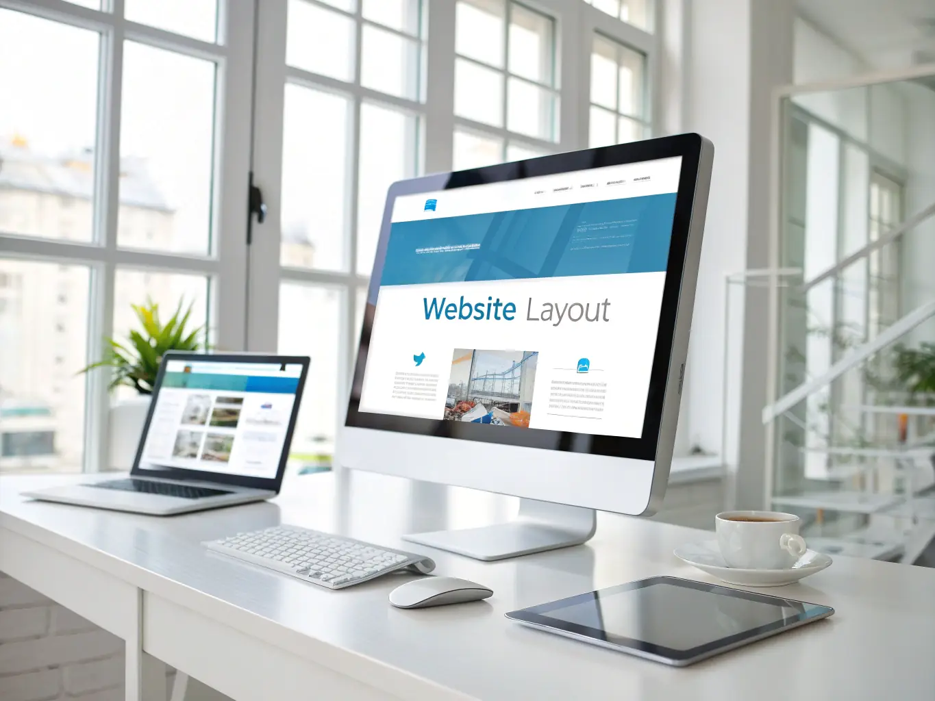 A sleek, modern web application interface displayed on multiple devices, showcasing its responsive design and user-friendly features, set in a professional office environment.