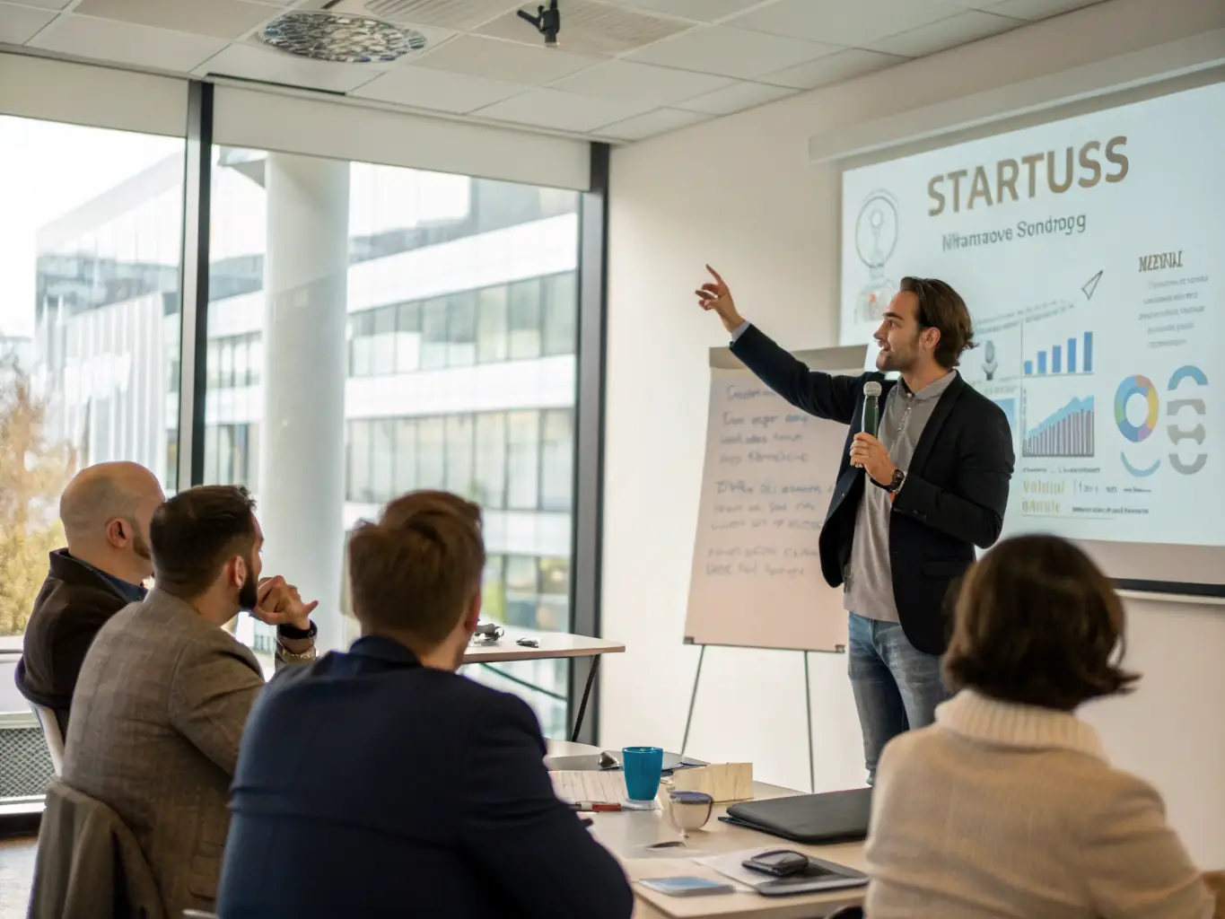 A professional image of a startup pitch meeting, with investors looking impressed by a software demo on a tablet, highlighting the investor appeal of ART Media Solutions' products.