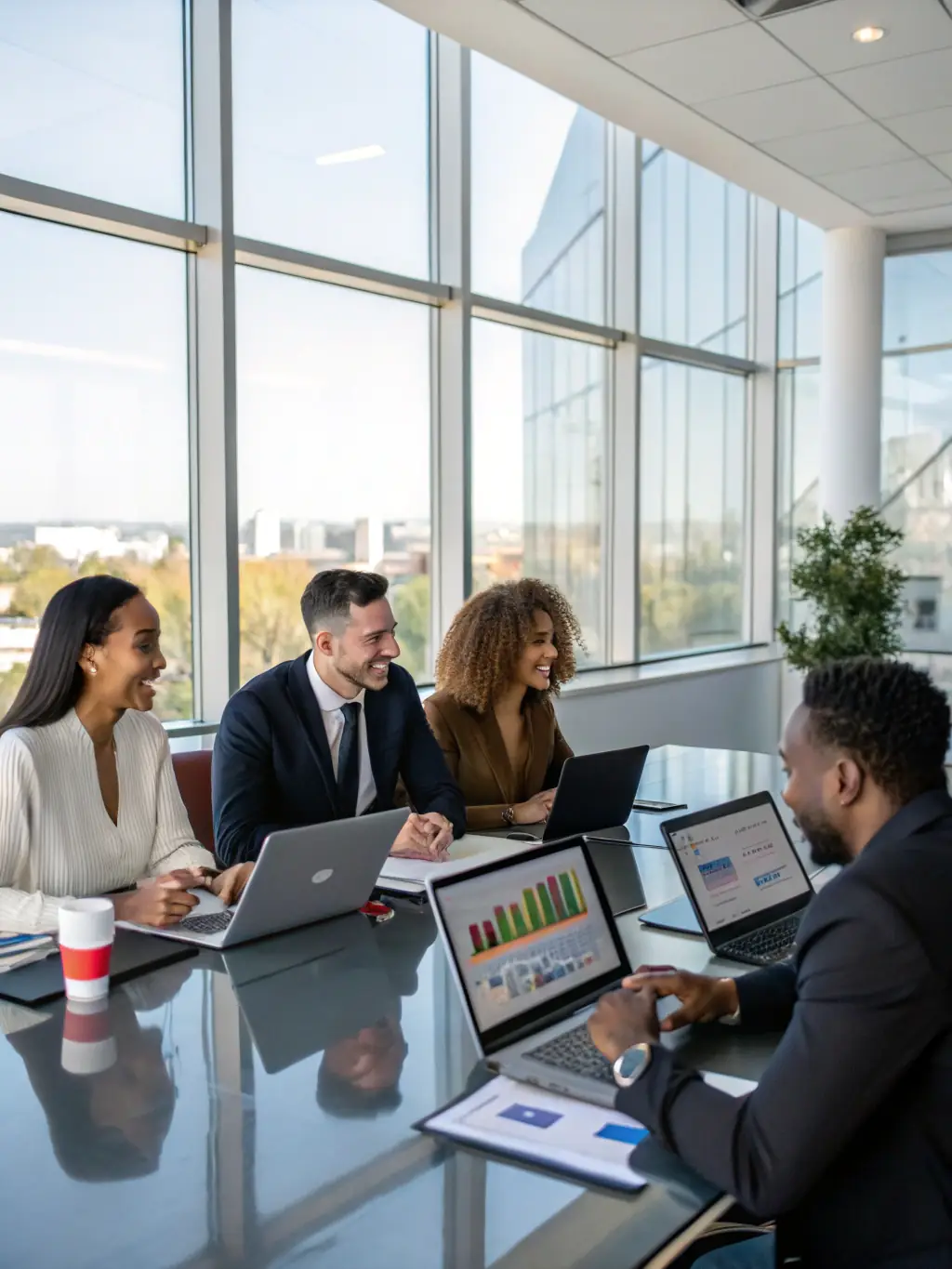 A professional, brightly lit office scene showing a diverse team collaborating around a large monitor displaying customer data and portal analytics, emphasizing improved communication and data-driven insights.