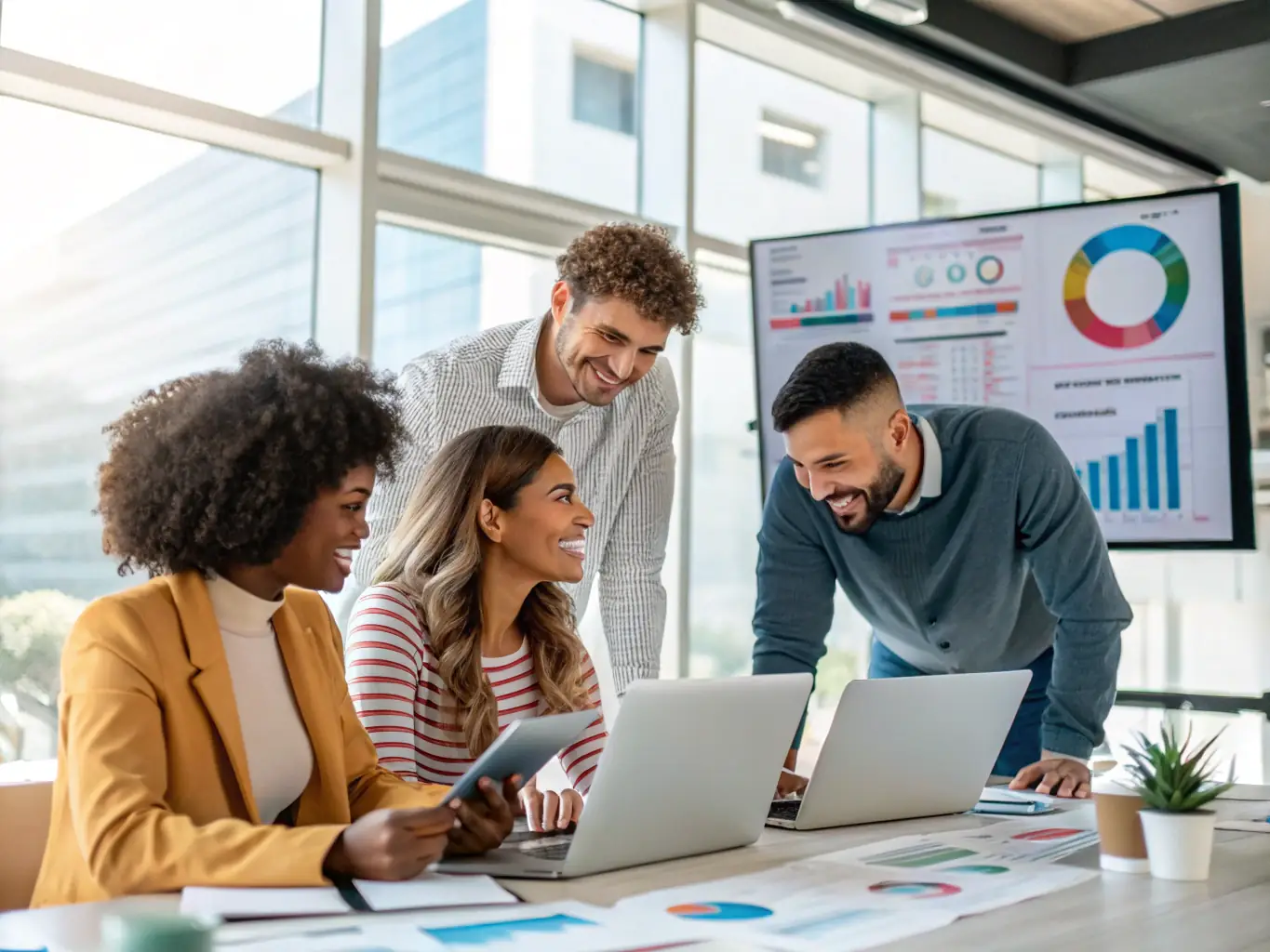 A digital marketing team collaborating seamlessly on a project, using an integrated operational system displayed on multiple screens, showcasing real-time data and analytics.