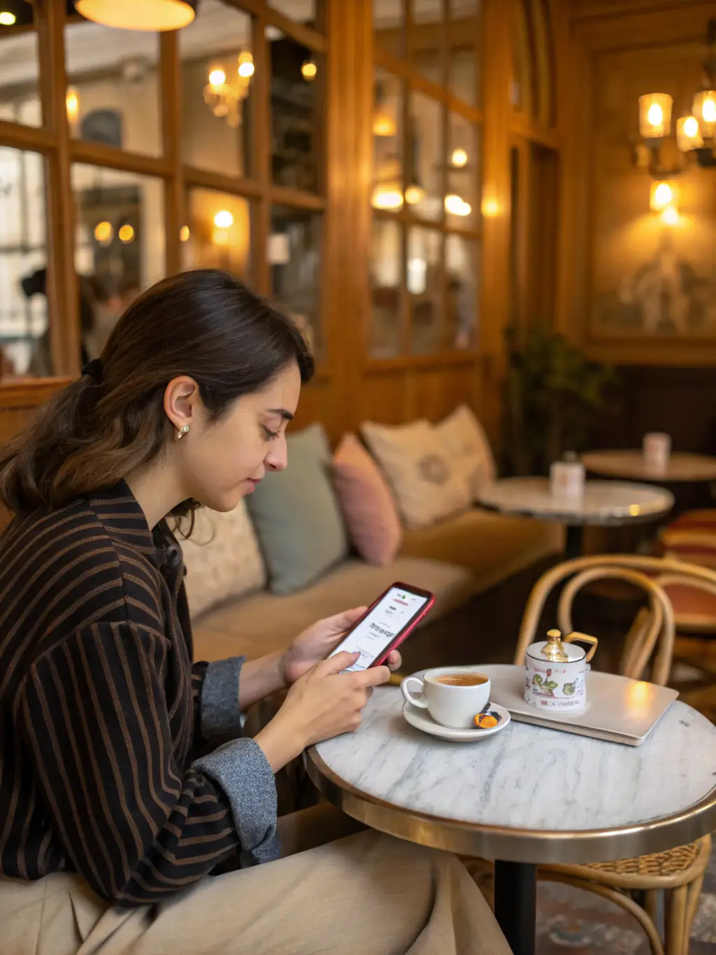 A person happily using a mobile app on their smartphone while sitting in a coffee shop, showcasing the convenience and accessibility of mobile apps.