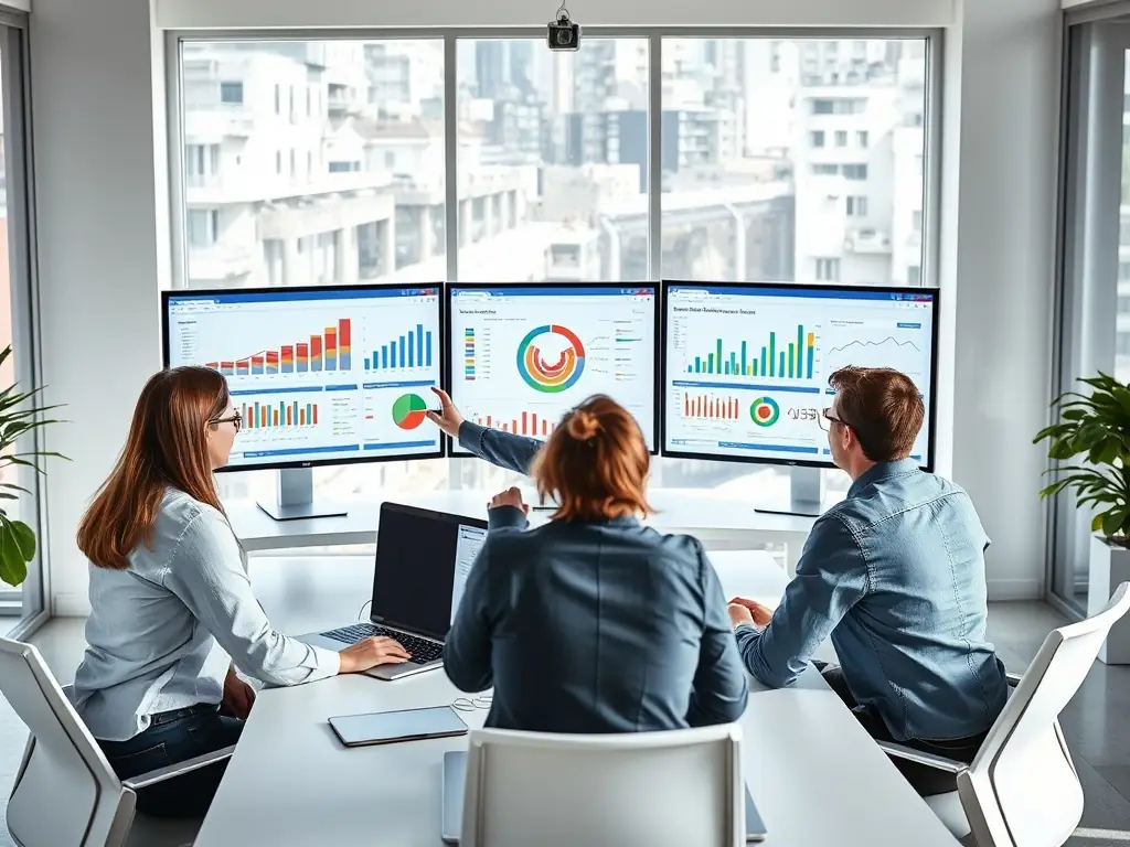 A dynamic image showcasing a team collaborating on a digital marketing strategy session, with charts and data visualizations displayed on multiple screens, emphasizing data-driven decision-making.