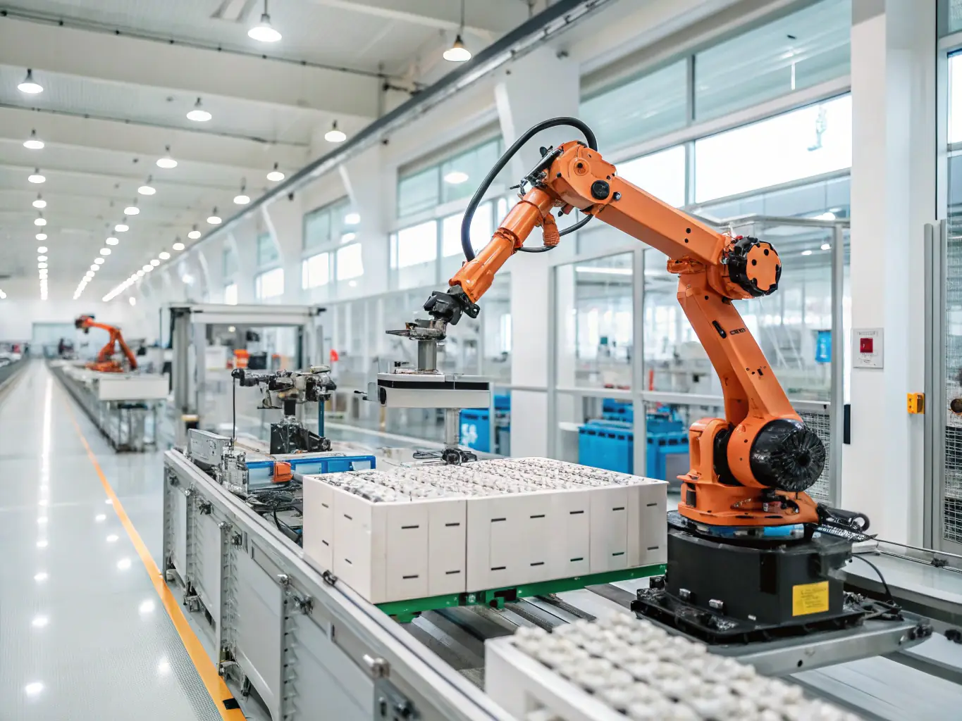 A stylized image of robotic arms working in harmony, automating various tasks in a factory setting. The scene is futuristic, with holographic displays and advanced control panels, emphasizing efficiency and precision.