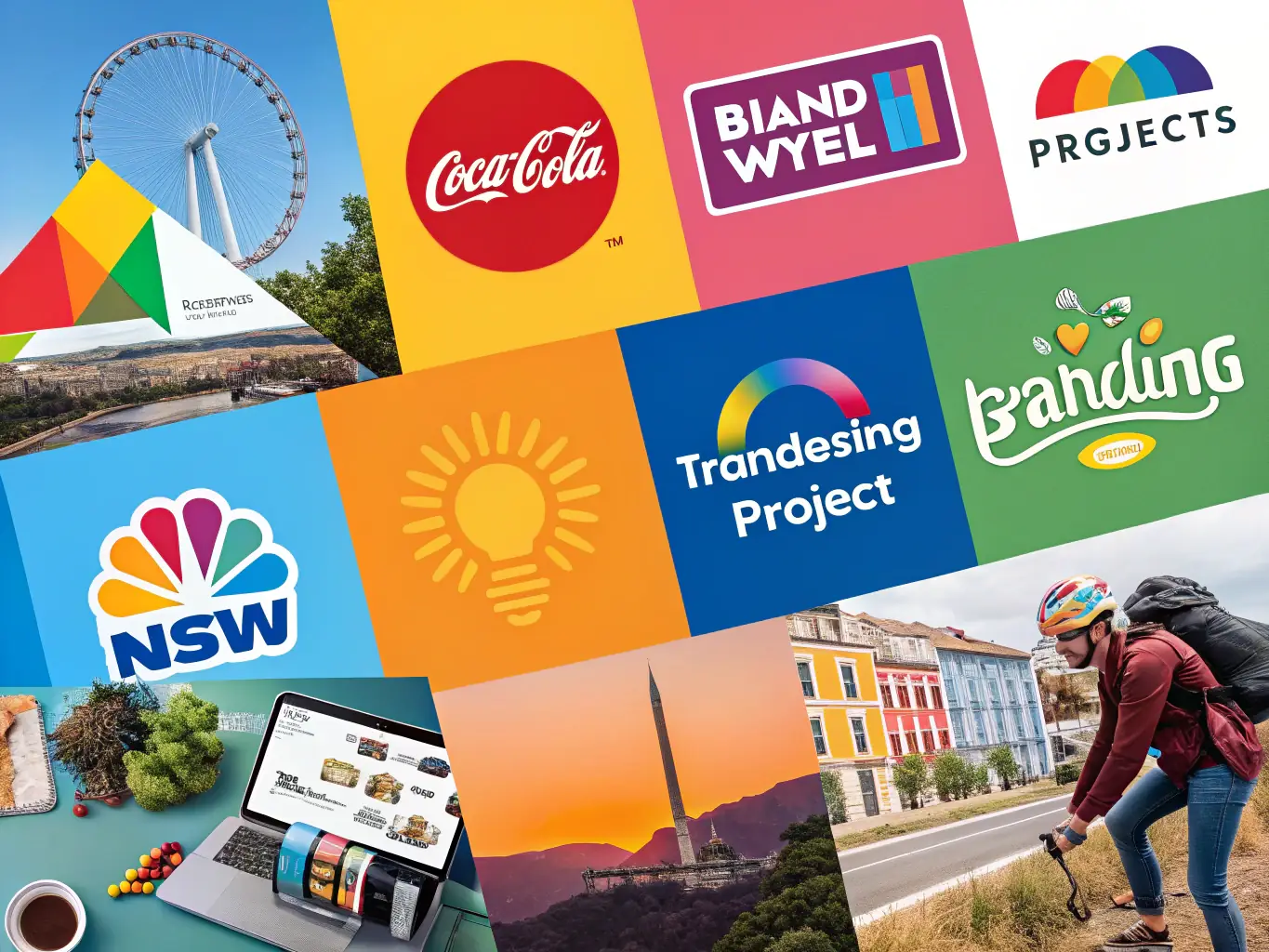 An artistic composition featuring various branding elements such as logos, color palettes, typography, and marketing materials, showcasing the agency's creative capabilities.